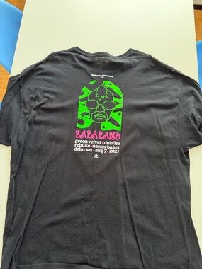 LALALAND green velvet Graphic Tee — Black with Neon Green & Pink Print